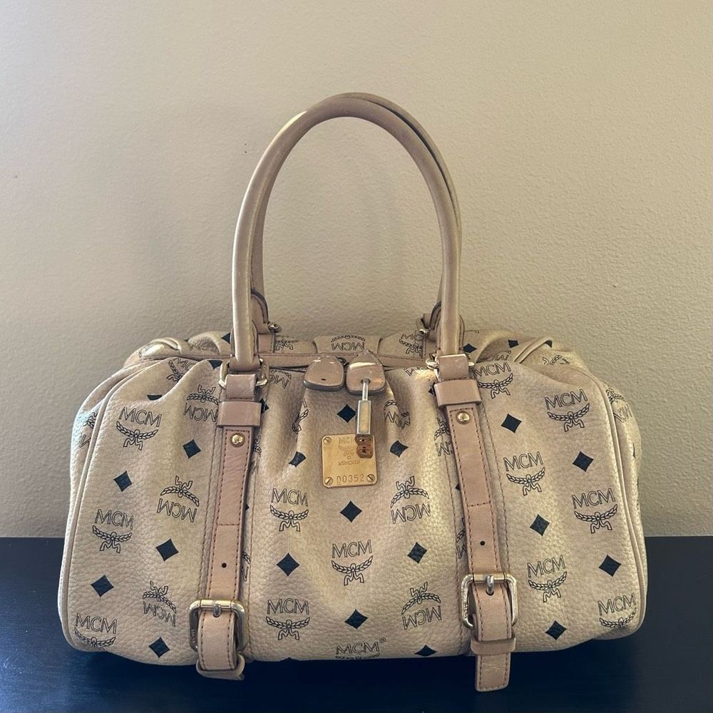 MCM Leather Silver Studded Handbag Cream